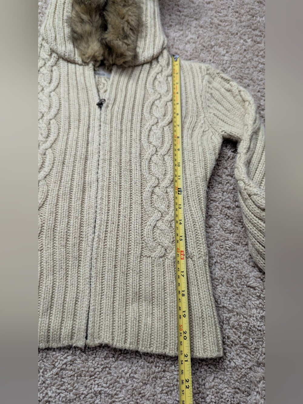 Vintage Y2K Aeropostale Cable Knit Fur Trim Hooded Zip Up Sweater Medium Cream - Picture 7 of 11